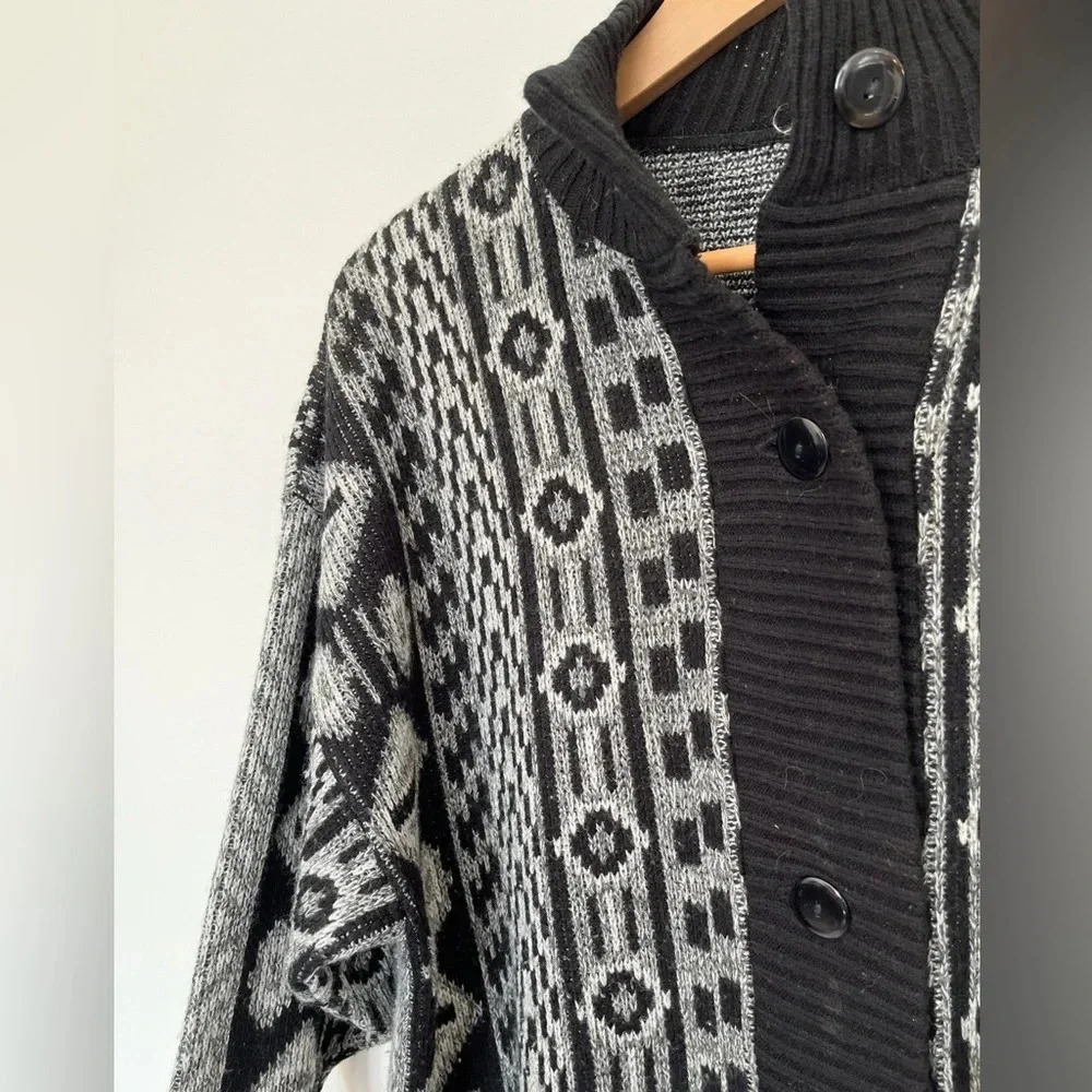 Vintage Grandpa Chunky Knit Button Cardigan Black Gray Size L - Picture 4 of 6